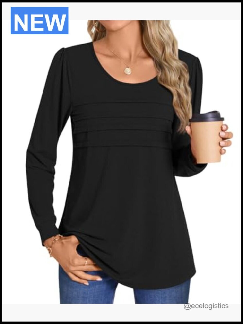 Long Sleeve Tunic Blouse Pleated Dressy Casual Top for Leggings - Picture 2 of 6
